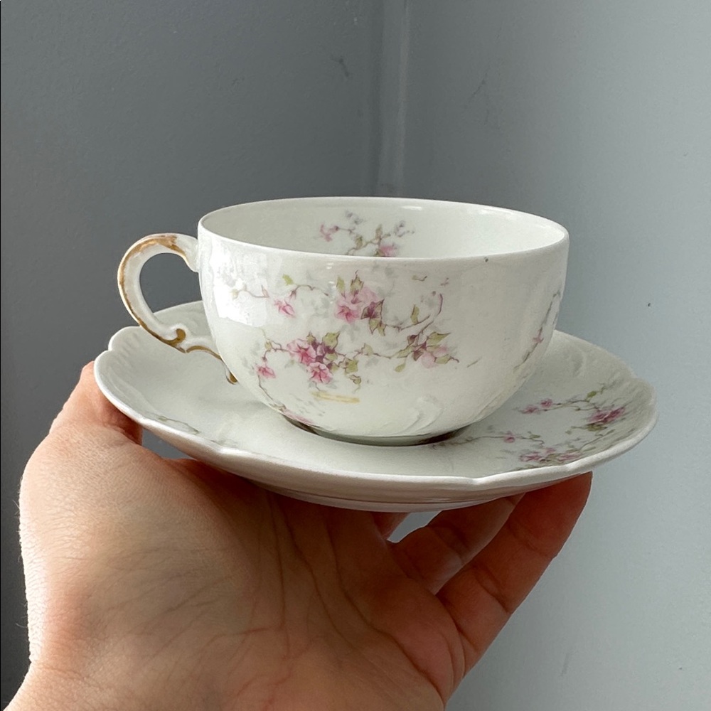 Limoges Theodore Haviland Floral Teacup and Saucer Set - chipped
